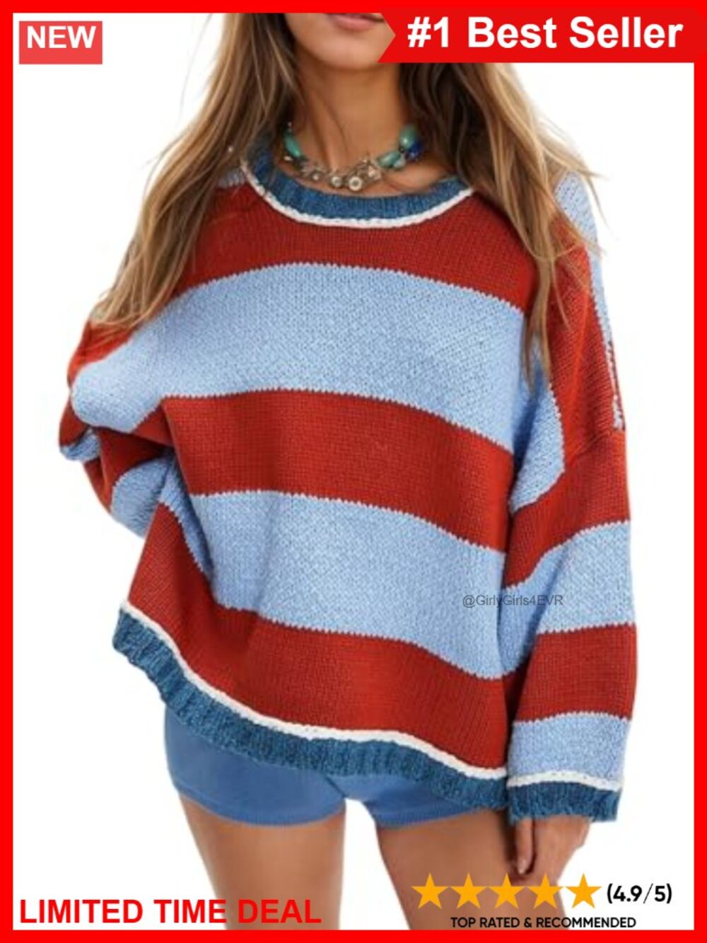 Oversized Striped Chunky Knit Crewneck Pullover Sweater